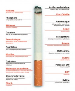 Acétone (dissolvant pour vernis à ongles), Phosphore (composant du poison anti-rat), Méthanol (carburant pour fusée), Goudron (colle les cils vibratifs dans les poumons), Formaldéhyde (utilisé dans le liquide d'embaumement des cadavres), Naphtaline (gaz, composant des boules antimites), Nicotine (responsable de la dépendance au tabac), Cadmium (utilisé dans les batteries de voiture, métal lourd), Monoxyde de carbone (gaz d'échappement, réduit la quantité d'oxygène absorbée par les globules rouges du sang), Chlorure de vinyle (utilisé dans les matières plastiques, diminution de la libido), Plomb (métal lourd), Acide cyanhydrique (employé dans les chambres à gaz), Cire d'abeille, Ammoniaque (détergent, utilisé pour renforcer la dépendance à la cigarette), Laque (vernis chimique), Térébenthine (diluant pour les peintures synthétiques), Méthoprène (régulateur de croissance des insectes), Butane (gaz de camping), Polonium 210 (élément radioactif), DDT (insecticide), Xylène (hydrocarbure, cancérigène)